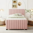 thumbnail image 2 of Twin Size Platform Bed with Pull-out Twin Size Trundle, Wood Bed Frame with Velvet Upholstered Headboard, Trundle Bed with Stripe Design, for Bedroom, Apartment, Pink, 2 of 9
