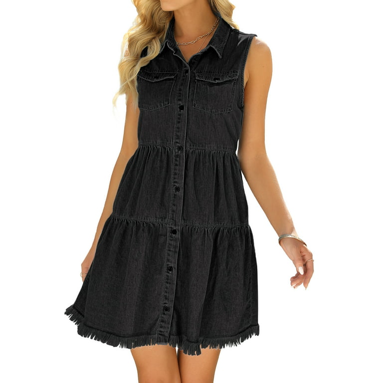 luvamia Women's Denim Dress for Women Cute Babydoll Denim Shirt Dress with  Pockets Faded Black Size M Fit Size 8 Size 10