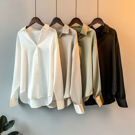ZenCart Women Shirt Lapel Long Sleeve Commuter Casual Shirt Solid Color Loose Fit Smooth Satin Office Shirt Daily Wear