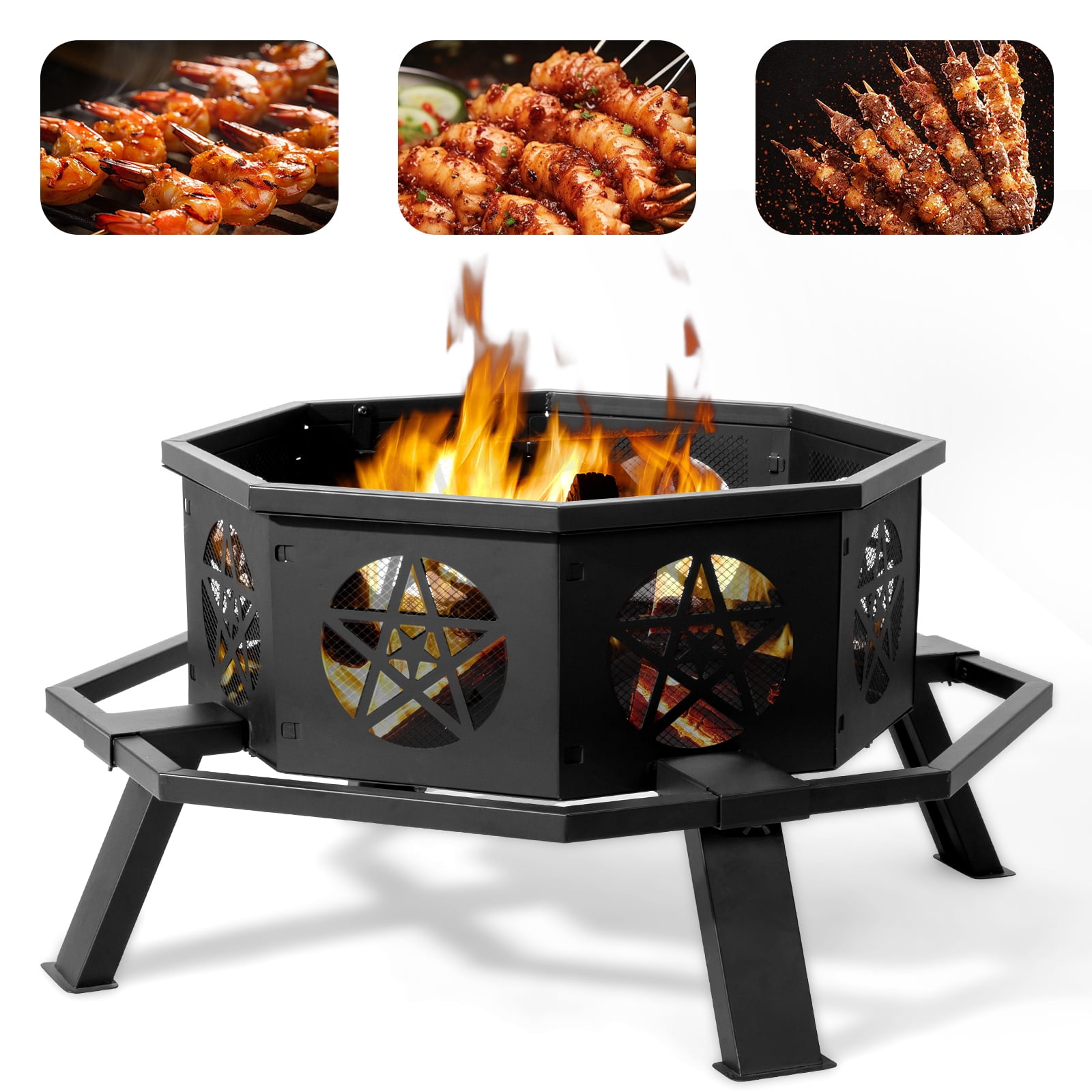 35" Fire Pit for Patio, HexShaped Steel Fire Pit with Flame-Retardant Lid, Outdoor Metal Fire Pit with Storage Shelf, Multifunctional Heater/Grill/Ice Pit for Backyard Patio Garden BBQ Grill, S7645