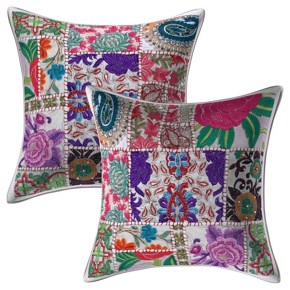 Stylo Culture Ethnic Cotton Decorative Throw Pillow Covers White 12 x 12 Bohemian Vintage Patchwork Ethnic Sofa Cushion Covers 30x30 cm Home Decor Abstract Square Pillow Cases | Set Of 2