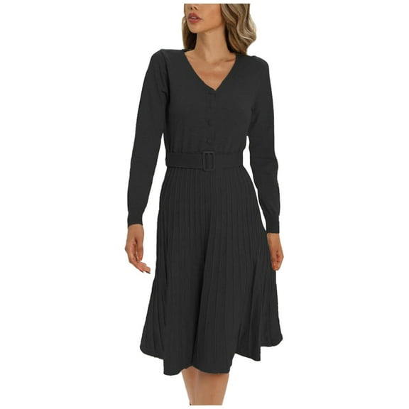 Fall Dresses for Women Long Sleeve Button V Neck Solid Color Belted Dress Pleated Elegant Casual Work Midi Dress