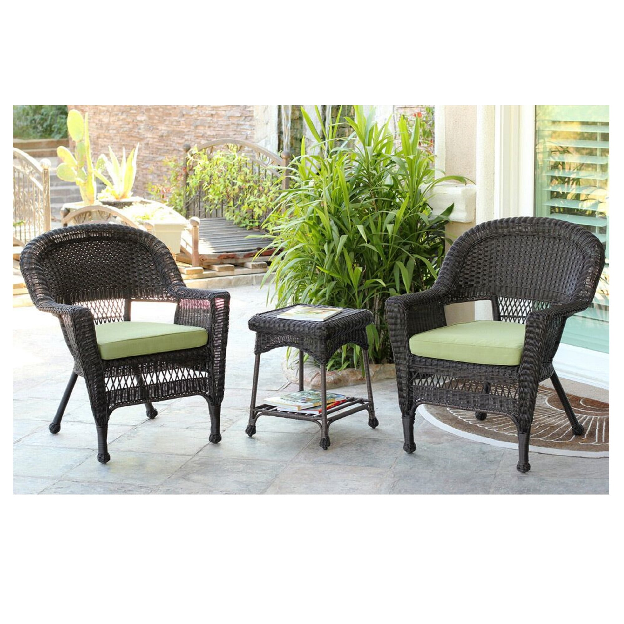 Set of 3 Espresso Brown Resin Wicker Patio Chairs and End