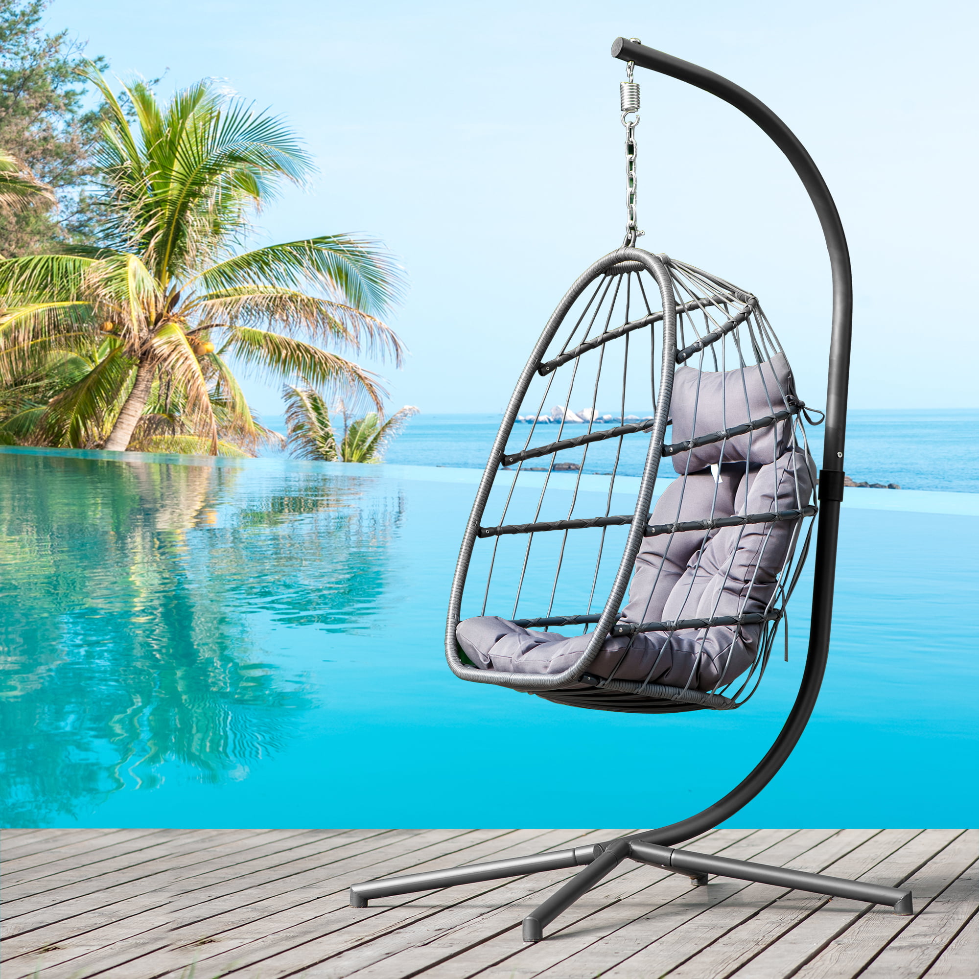 UHOMEPRO Hanging Egg Chair with Stand, Wicker Outdoor Patio Furniture