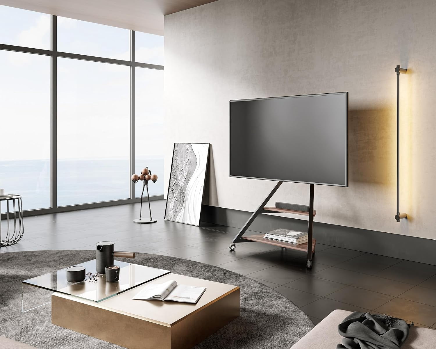 FITUEYES Eiffel Series Corner TV Stand for 55–88 Inch TVs, Black & Walnut, Storage Shelf