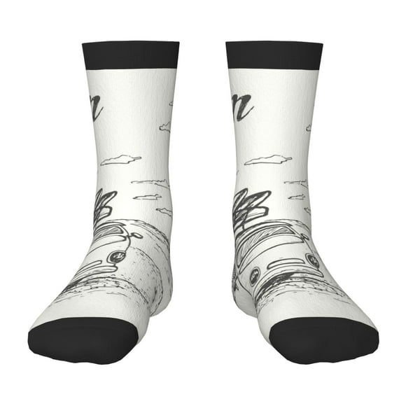 Wukai Summer Vacation Scene With Camping Van for Children's Mid-tube Socks, Elastic Contrast Color Sports Socks, Suitable for Boys and Girls Aged 6-10