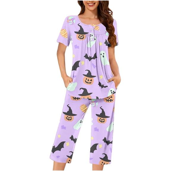 Enjoytime Womens Pajamas Halloween Print Short Sleeve Tops Capri Pants 2 Piece Lounge Set Plus Size Comfy Soft Sleepwear