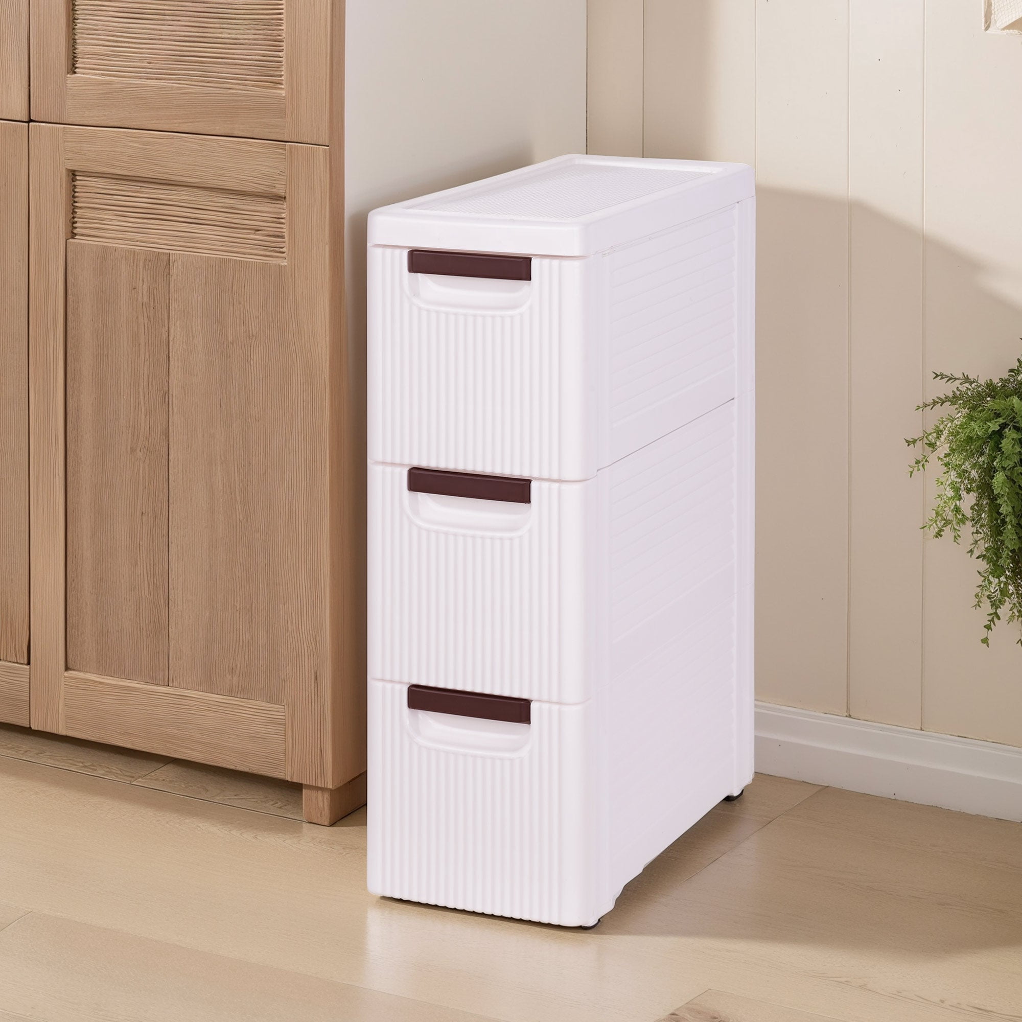VECELO 3 Drawers Small Bathroom Stackable Storage Cabinet Floor Side Cabinet, Freestanding Moveable Plastic Narrow Lim Corner Slide Out Drawer Storage, For Bedroom Kitchen, White