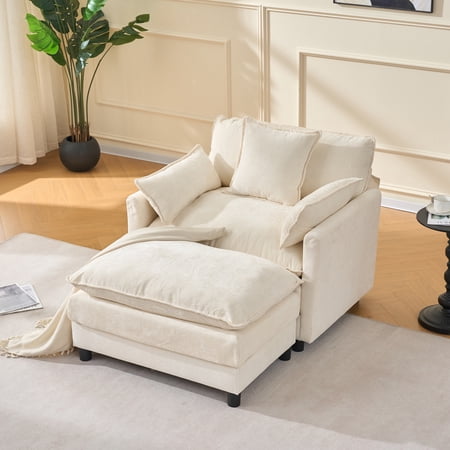 Accent Chair with Ottoman Legahome 40 Wide Chenille Upholstered Barrel Chair Oversized Armchair Chair with 3 Pillows Club Chair Reading Chair for Living Room Bedroom Beige