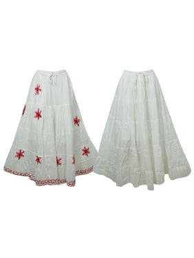 Mogul 2pc Women's Summer Skirt White Cotton Embroidered Boho Gypsy Flare Skirts