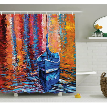 Country Decor Shower Curtain Set, Pastel Color Paint Of Fishing Sail Boat In The Sea Dark Fairy Image Dramatic Art Work, Bathroom Accessories, 69W X 70L Inches, By