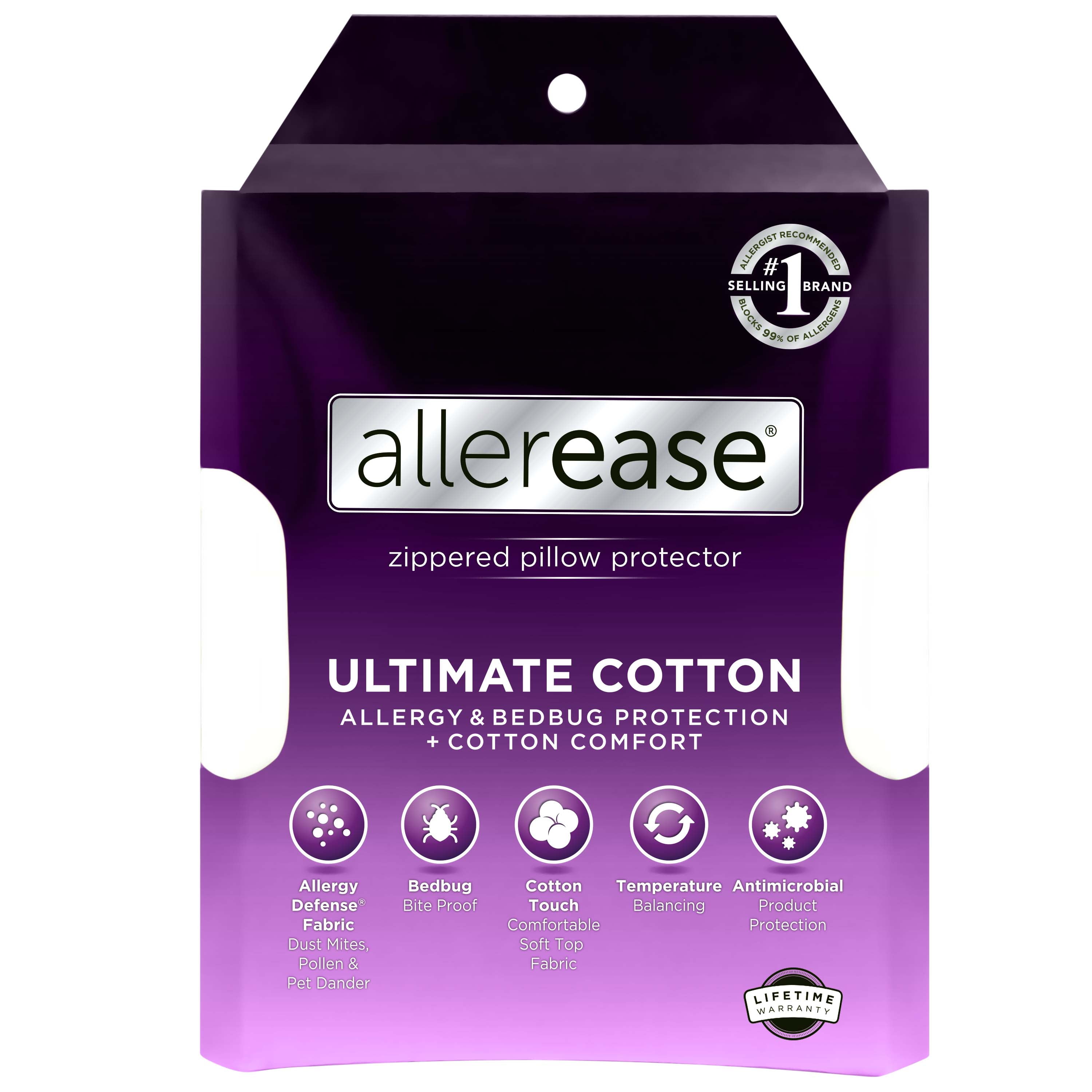 Allerease Ultimate Cotton Zippered Pillow Protector, Standard/Queen