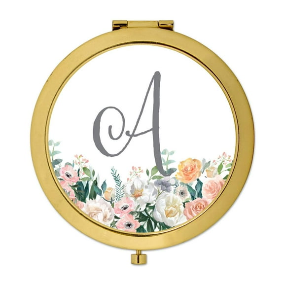 Koyal Wholesale Gold Compact Mirror Bridesmaid's Wedding Gift, Peach Flower Florals on White, Monogram Letter A, 1-Pack