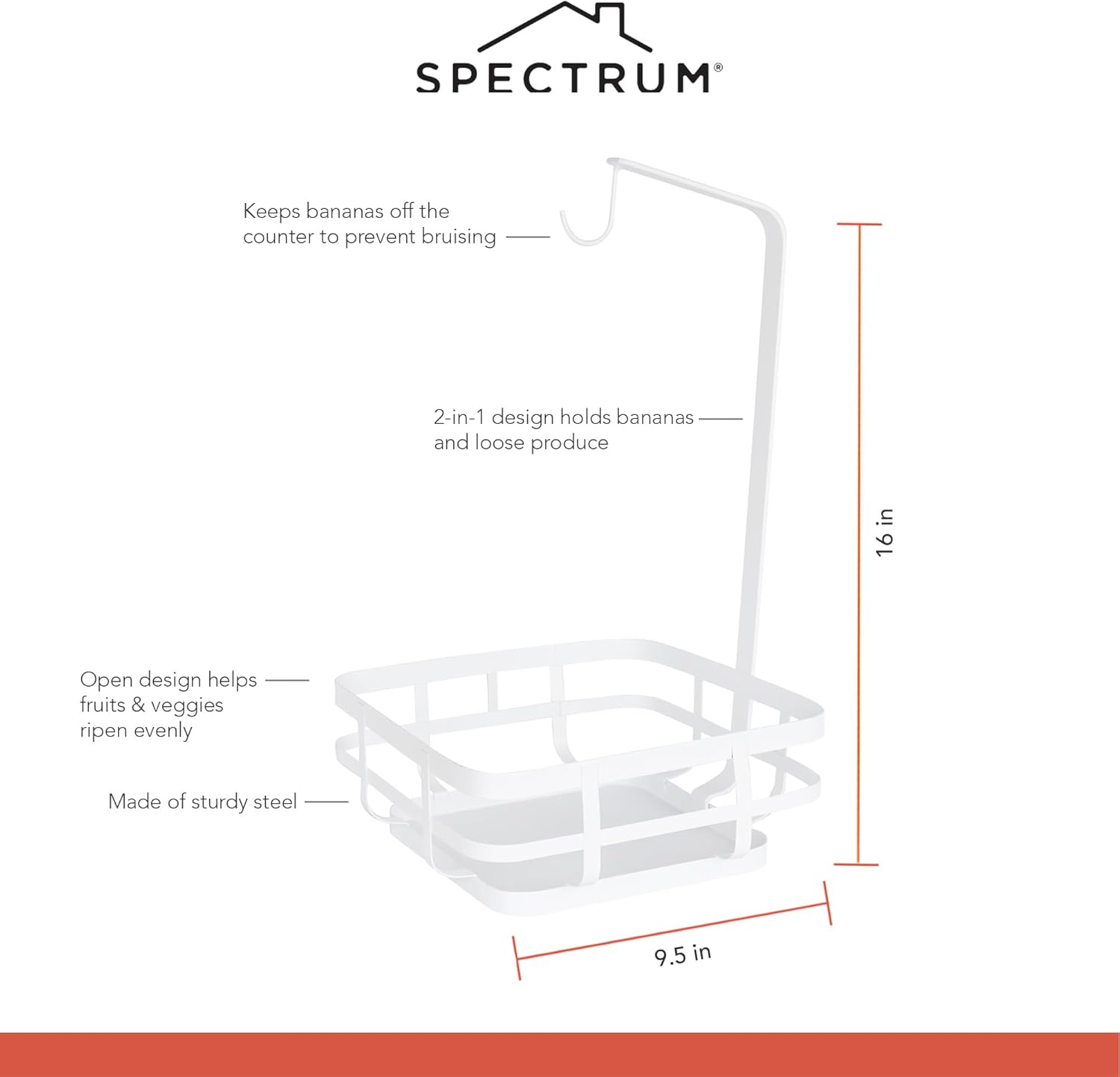 Spectrum Fruit Basket with Banana Hanger White, Modern Steel Wire Storage for Kitchen Counter, Scandinavian Fruit and Vegetable Basket with Banana Hook, Space Saving Kitchen Countertop Storage