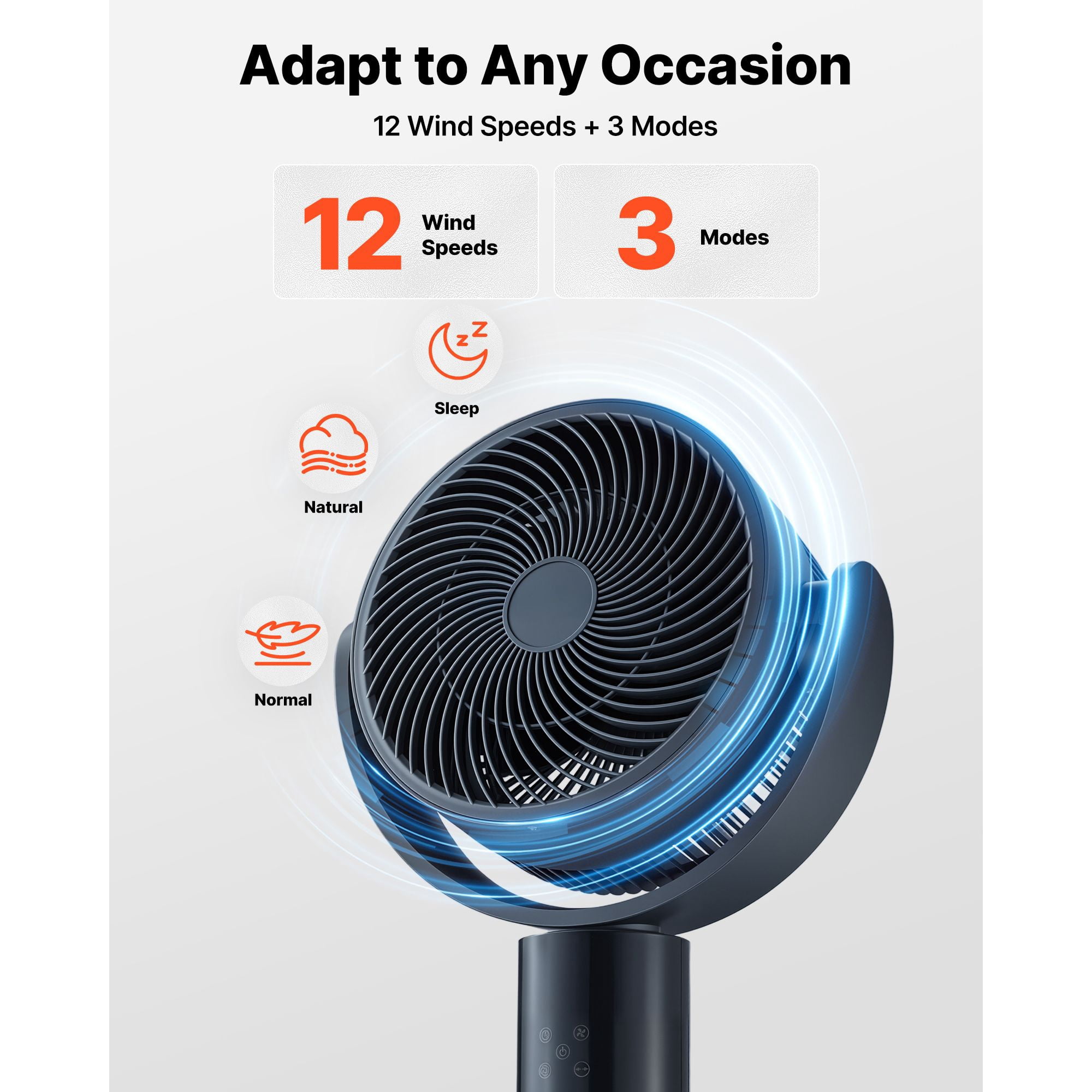 Pedestal Fan with 12 Speeds, 3 Modes, 570 CFM, 43 dB, Adjustable Height 26-36", for Bedroom Living Room Office