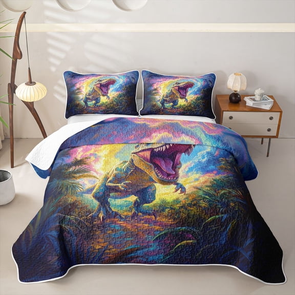 Homewish Wild Dino Twin Quilt Set,Jungle Animal Twin Coverlet Set,Multicolor,2-Piece