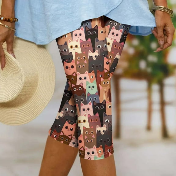Oksale Cute Cats Print Capris for Women Slim Fit Yoga Leggings Elastic Waisted Gym Tights Tummy Control Athletic Trousers Lounge Capri Pants Multicolor M