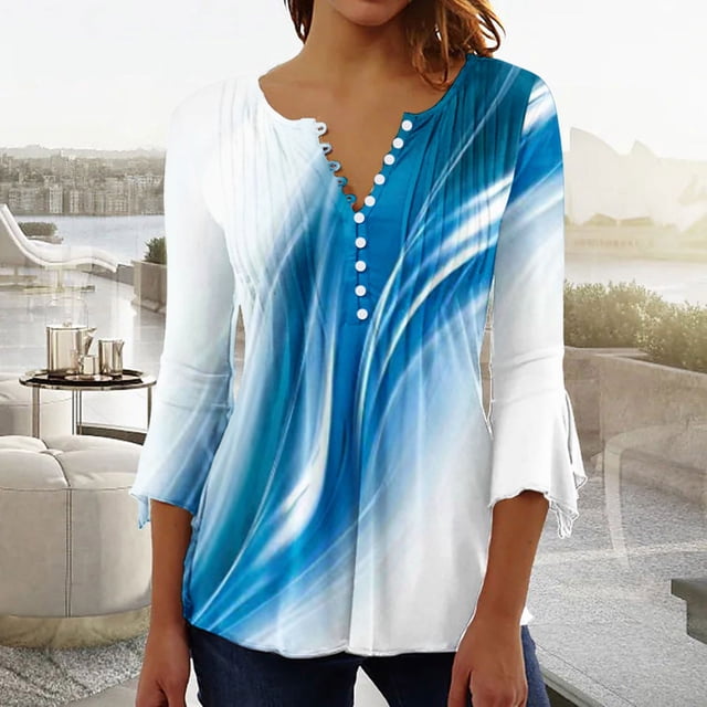 Hauts d'Été Grande Taille pour Femmes, Hauts d'Été Aguichant pour Femmes, Chemisier à Manches 3/4 Col en V avec Boutons, T-Shirt Col en V pour Femmes en Liquidation