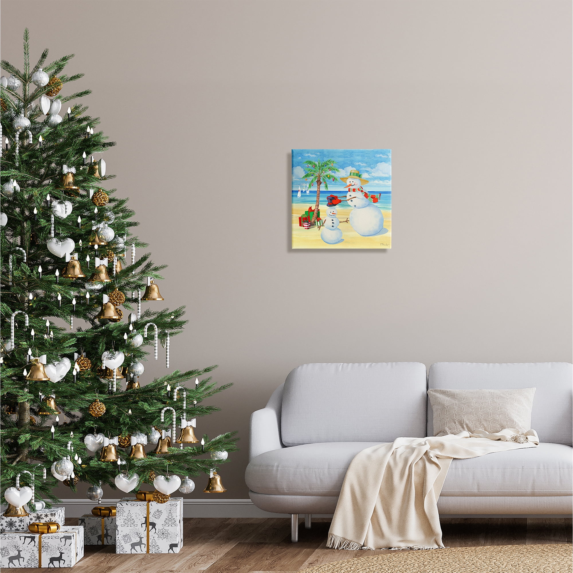 Stupell Industries Festive Snowman Beach Holiday Painting Gallery Wrapped Canvas Print Wall Art, 17 x 17