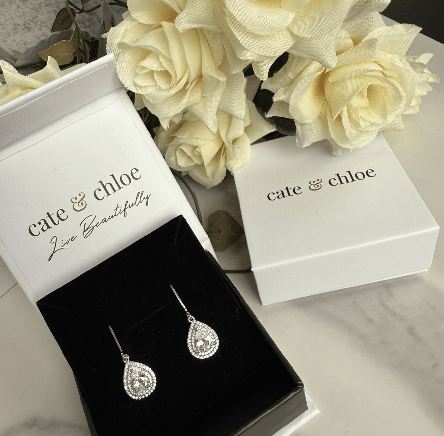 Cate & Chloe Aurelia 18k White Gold Plated Tear Drop Earrings with Simulated Diamonds for Women
