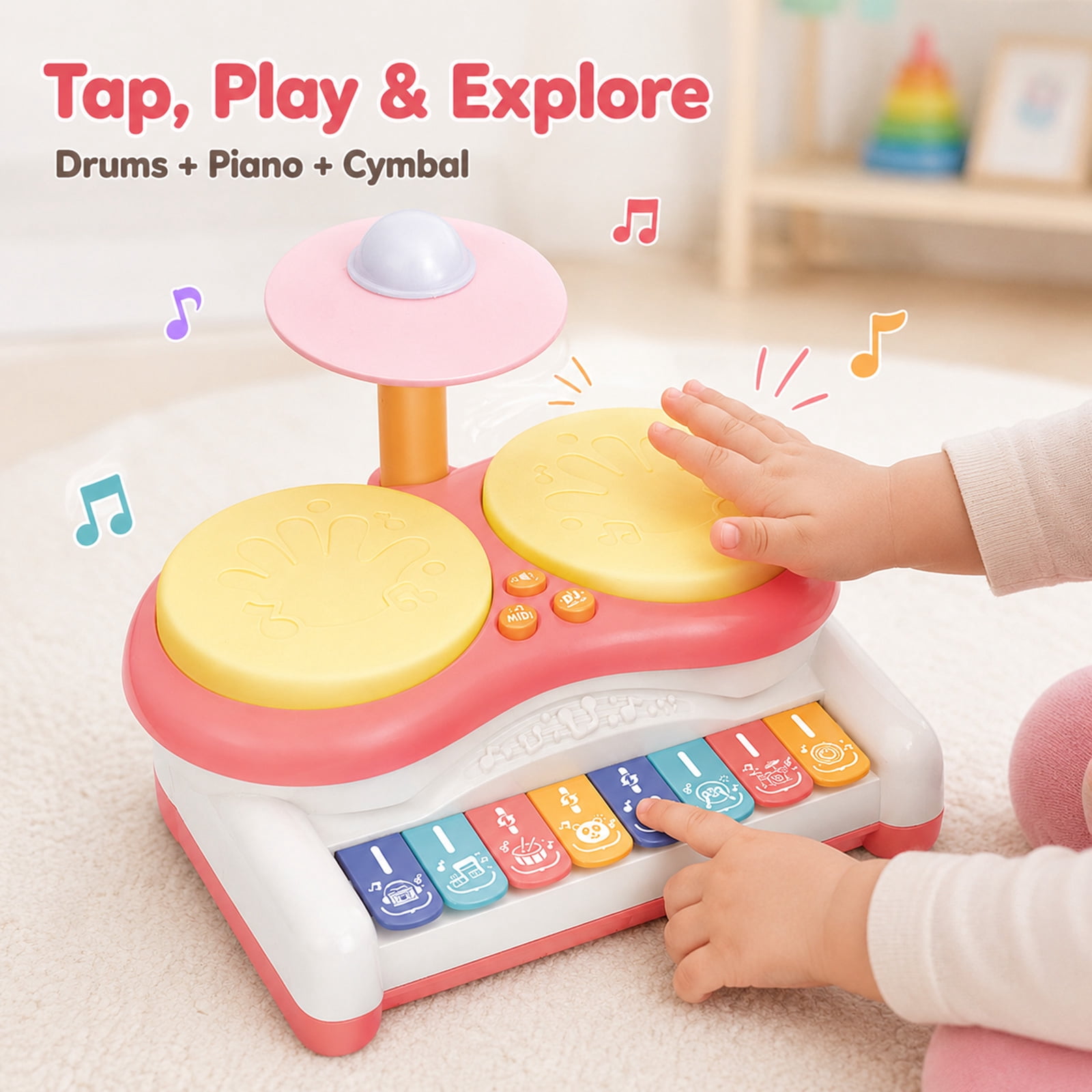 Musical Drum and Piano Toy for Toddlers, Light-Up Dual Drum Set with 8-Key Keyboard, Early Learning Rhythm Toy, Pink