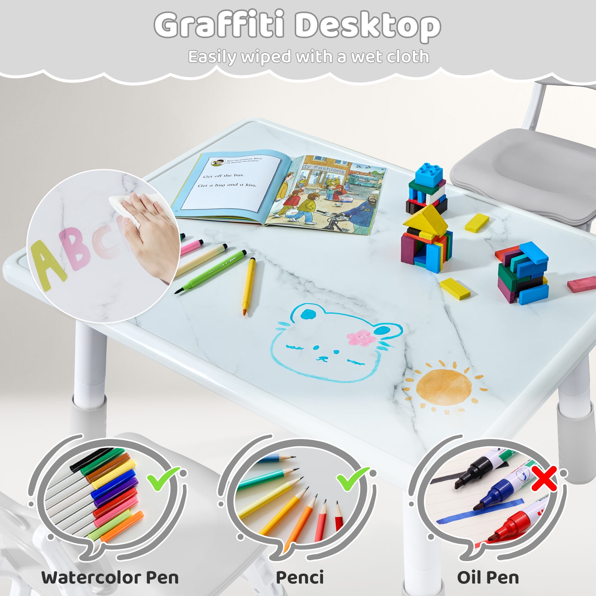 Toddler Table and 4 Chairs Set, Height Adjustable Kids Table and Chair Set, 31.5''L x 23.6''W, Marble Pattern & Graffiti Desktop, Children Multi-Activity Table for Home/Daycare/Classroom