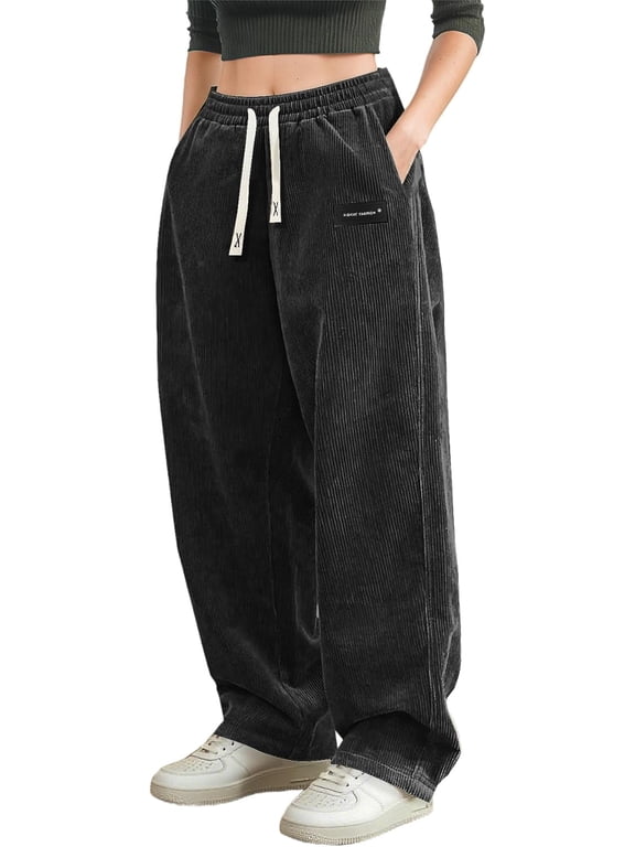 Women's Corduroy Casual Pants Loose Comfortable Wide-Leg Pants with Elastic Waistband Drawstring and Multiple Pockets