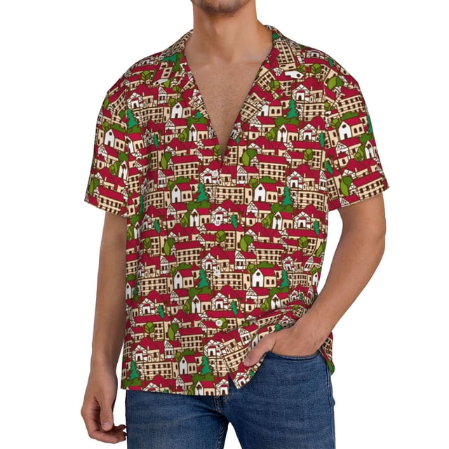 Balery Red Houses Camisa Casual de Manga Corta con Botones para Hombre, Texturizada, Estilo Cubano, para Playa, Verano-Medium