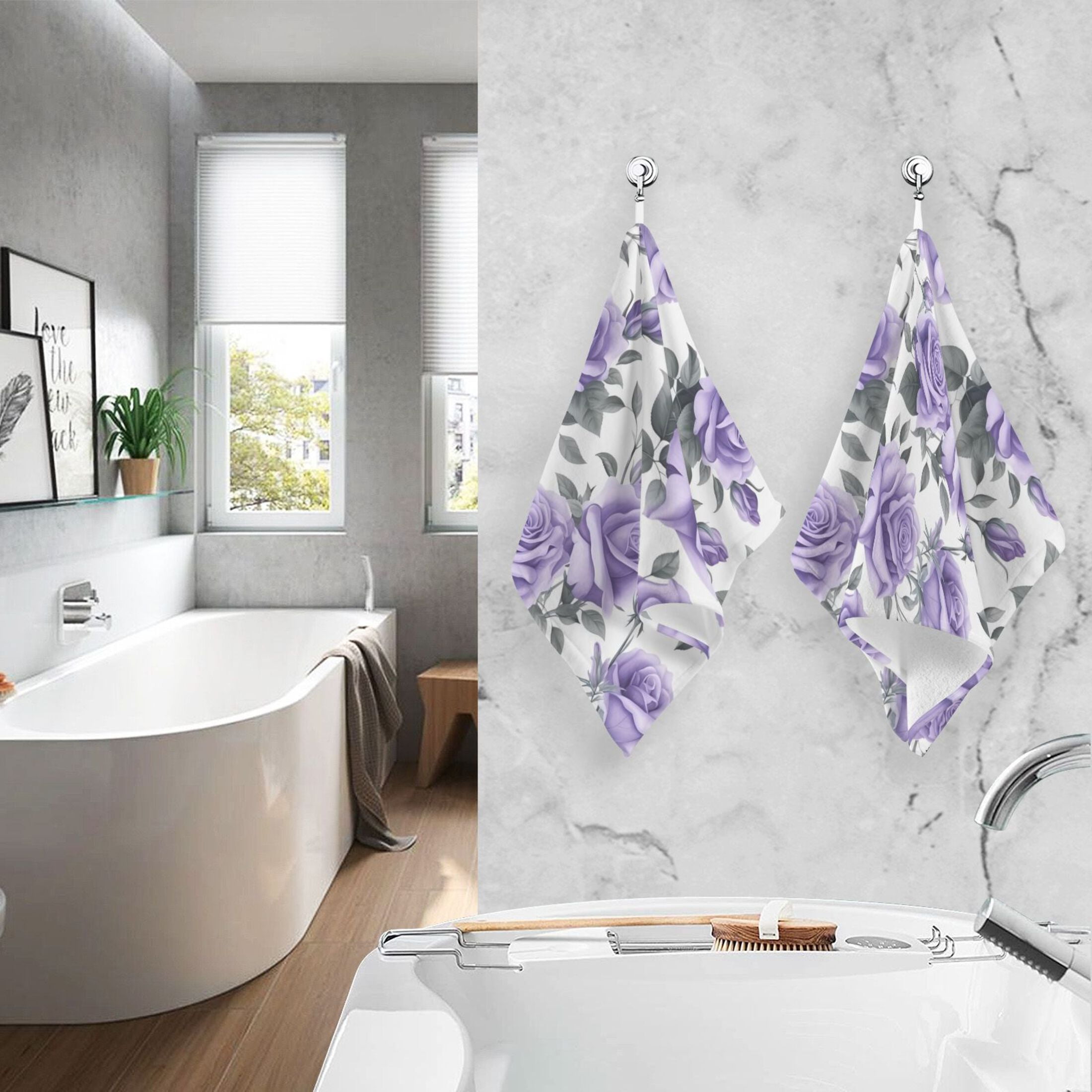 Rose Flowers Purple 2 PCs Cotton Hand Towels Absorbent Face Towel Soft Breathable Towel Set for Bathroom Kitchen Hotel Gym Decoration
