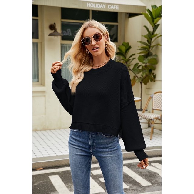 Suéter de punto de cuello redondo de moda europea y americana suéter suelto de color sólido