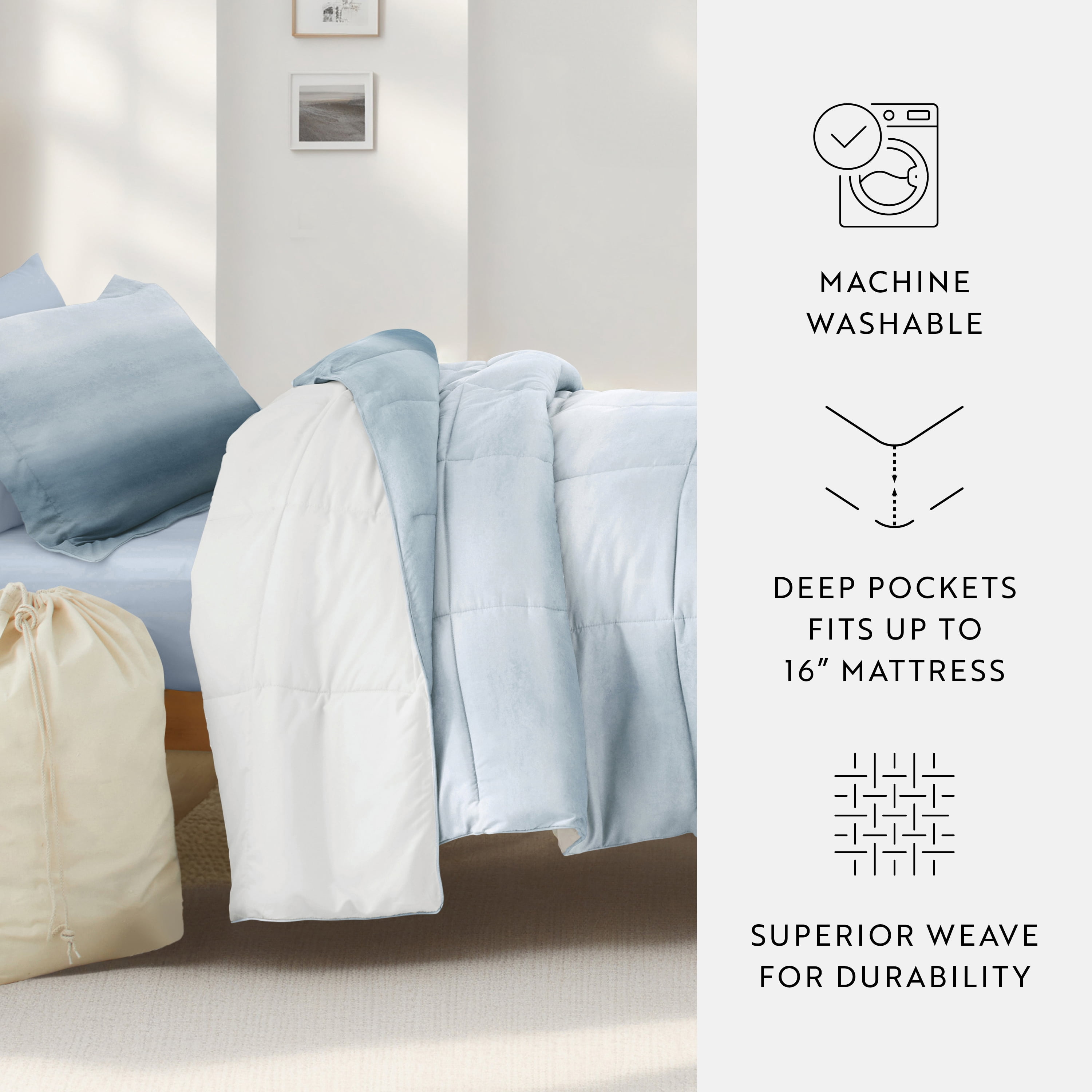 Noble Linens 8 Piece Dorm Bedding Bundle, Comforter & Sheet Set, Pillows, Laundry Bag