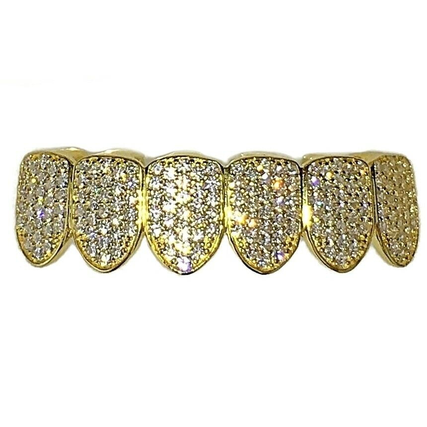 Men 14k Gold Plated /Silver Two Tone Grillz Set Iced CZ Micro Pave Premium Teeth 