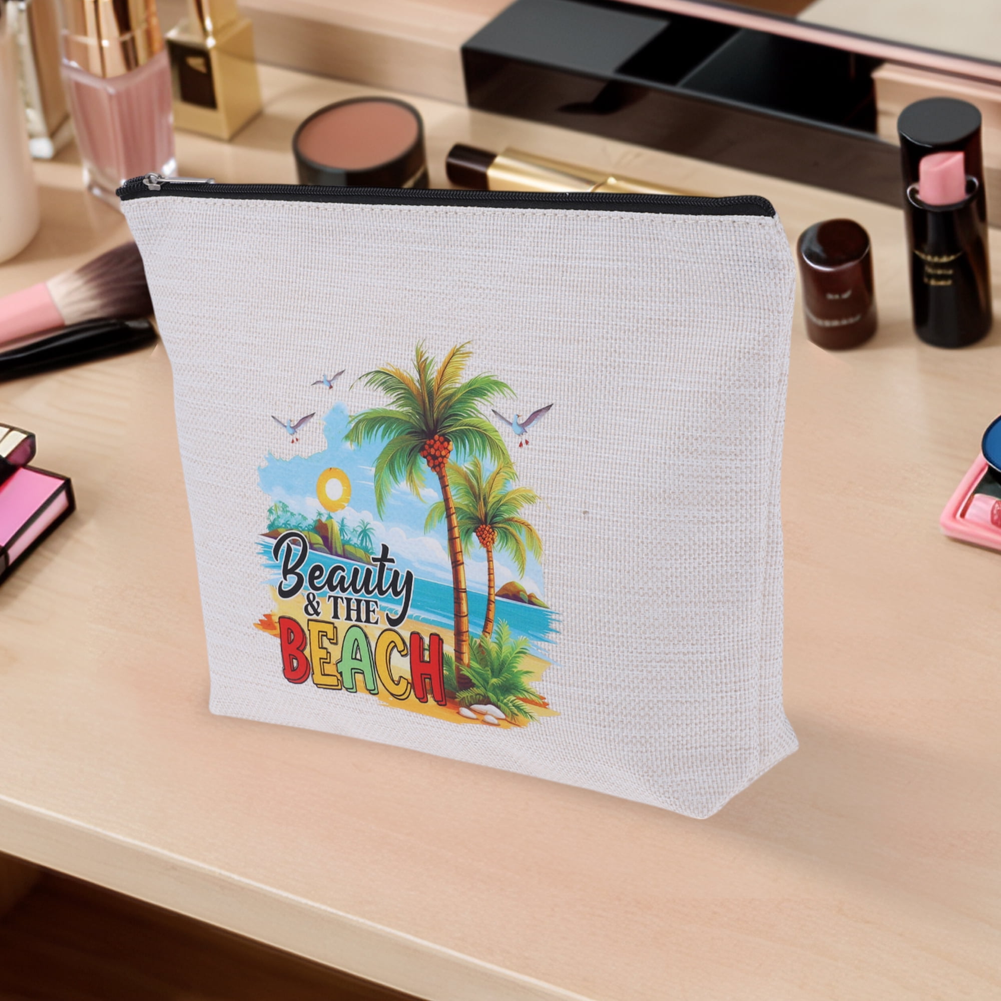 Unique Bargains 1 Pc Linen Printed Makeup Bag for Business Travel and Everyday Use White