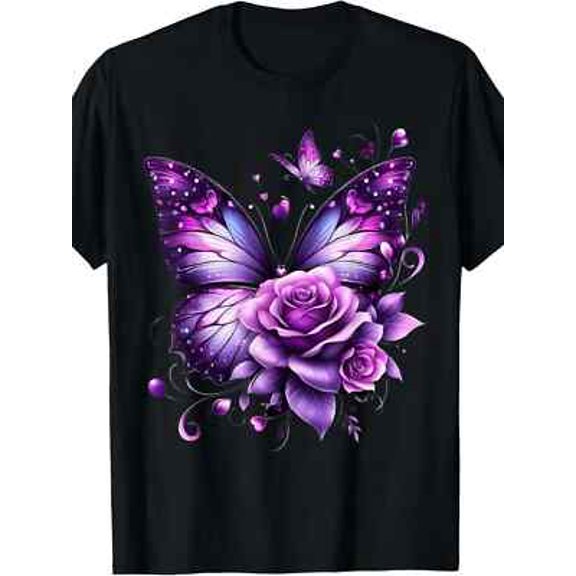 Velto Men's Vintage-Inspired Butterfly & Purple Rose Graphic T-Shirt - 100% Cotton, Sh All Size S-5XL