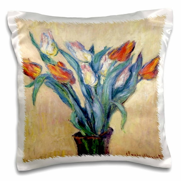 3dRose, Print of Monet Painting Vase Of Tulips, 16x16 inch Pillow Case