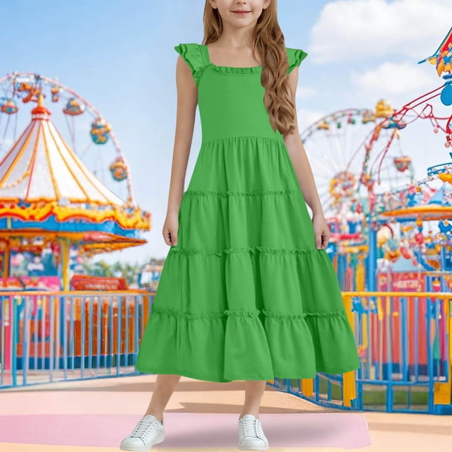 QTBIUQ Robe d'Été Fille Couleur Unie Manches Courtes Évasées Col Rond Robe Patchwork Longue Jupe avec Fermeture Éclair Décontractée Quotidienne Vacances Fête Jeu Ensemble Style Mignon (Vert, 9 Ans)