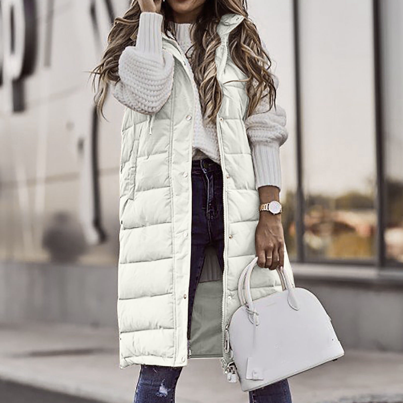 WREESH Womens Long Puffer Vest Sleeveless Hooded Puffy Jackets Winter Warm  Padded Down Jacket Outerwear Vests White 