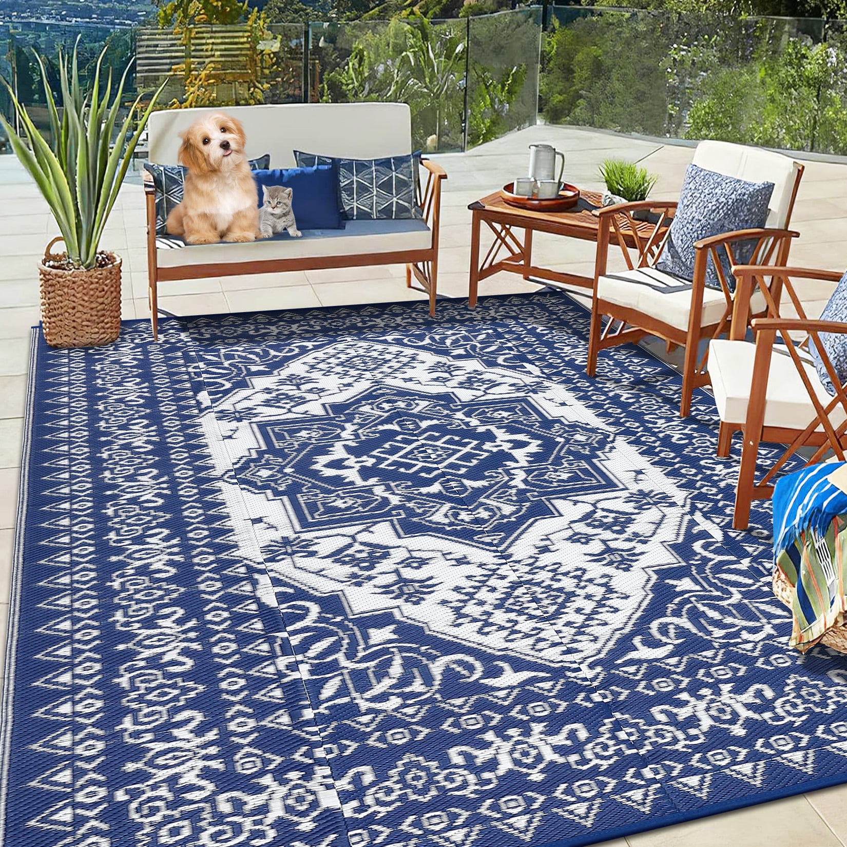 GlowSol 9x18 Outdoor Rug Waterproof Carpet Patio Rug Indoor Outdoor Area Rug Reversible Rug for Picnic Beach Deck-Outdoor, Dark Blue/White