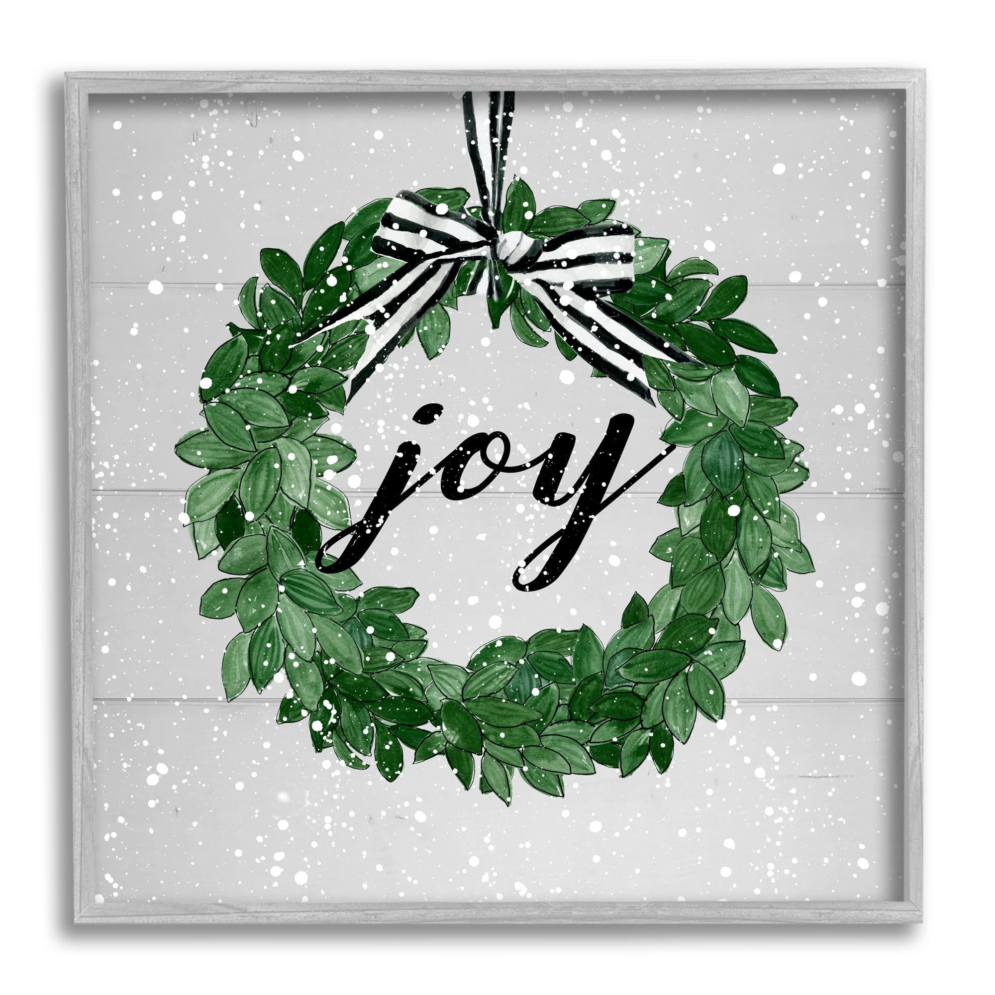 Stupell Industries Joy Sentiment Green Winter Leaf Wreath Snow Pattern, 24 x 24,Design by Carol Robinson