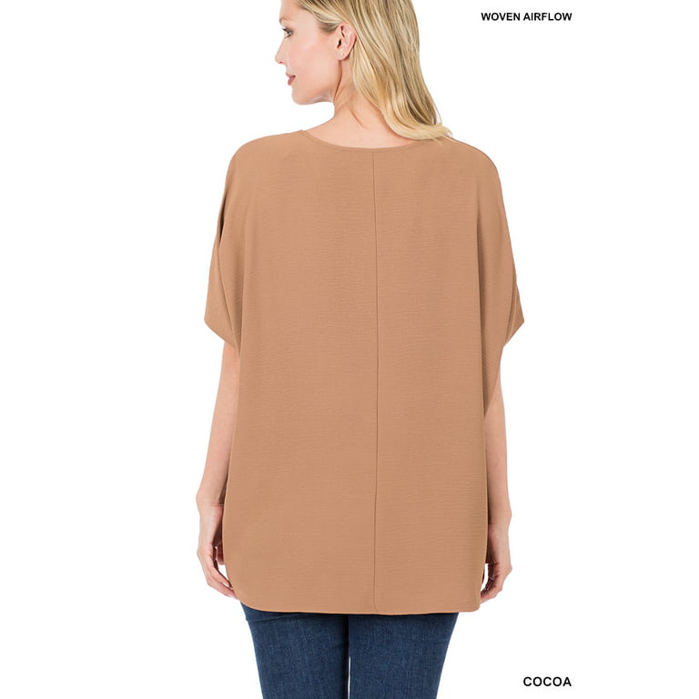 Zenana Women & Plus V Neck Woven Airflow Dolman Short Sleeve Blouse Top  with Front Pocket 