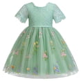 thumbnail image 2 of Wuxian Girls Dresses Elegant Lace Embroidery Short Sleeve Flower Pattern Round Neck High Waist Party Tiered Tutu Mesh Dress Kids Spring Summer Casual Beach School Outfit Guest Dress,Green,3-4 Years, 2 of 9