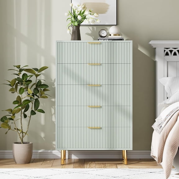 5 Drawer Dresser, Wood Chest of Drawers Organizer Storage with Gold Handle, Tall Storage Cabinet, for Bedroom, Living Room, Entryway, Green