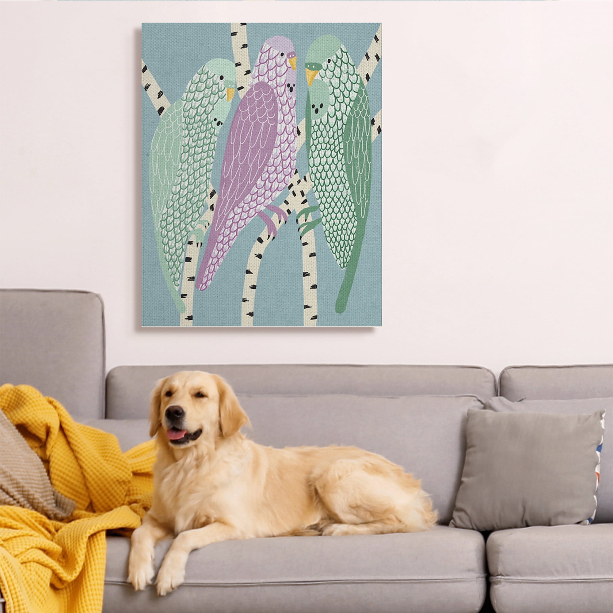 Stupell Industries Parakeets Perched On Birch Purple Green Birds Animals & Insects Painting Gallery Wrapped Canvas Art Print Wall Art, 36 x 48