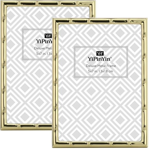 5x7'' Bamboo Detail Designs Gold Metal Picture Frame 2pack, Elegant Narrow Plated Photo Frames 5x7'' With Soft Touch Velvet Backing for Desktop and Wall Décor(Gold)