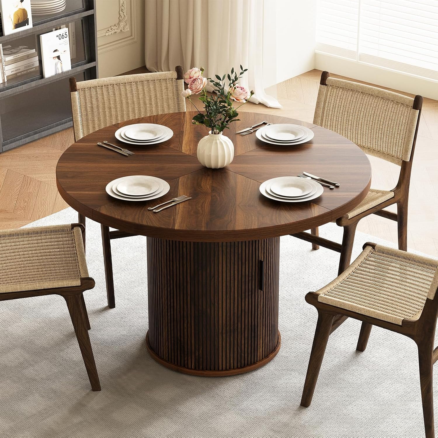 47 inch Round Dining Table for 4, Farmhouse Kitchen Table with 2-Layer Storage Shelf and Wood Slide Door Modern Dinner Table or Home Dining Room Living Room (Walnut)