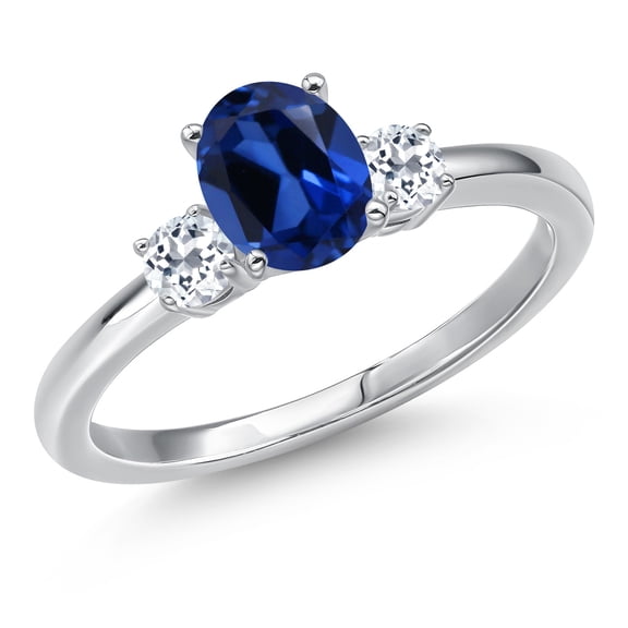 Gem Stone King 14K White Gold Blue Created Sapphire and White Topaz Engagement Ring for Women | 1.28 Cttw | Oval 7X5MM | Gemstone September Birthstone | Size 5