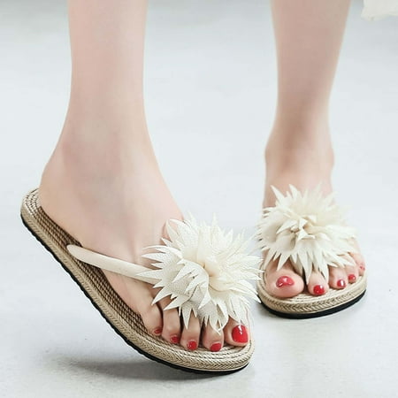 

AXXD Sandals Summer Ladies Imitation Straw Flip Flops Flowers Flat Beach Flip Flops(7.5 White)
