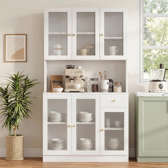 White B Fluted Glass Door Hutch Cabinet With Drawer And Adjustable Shelves For Kitchen Coffee Bar