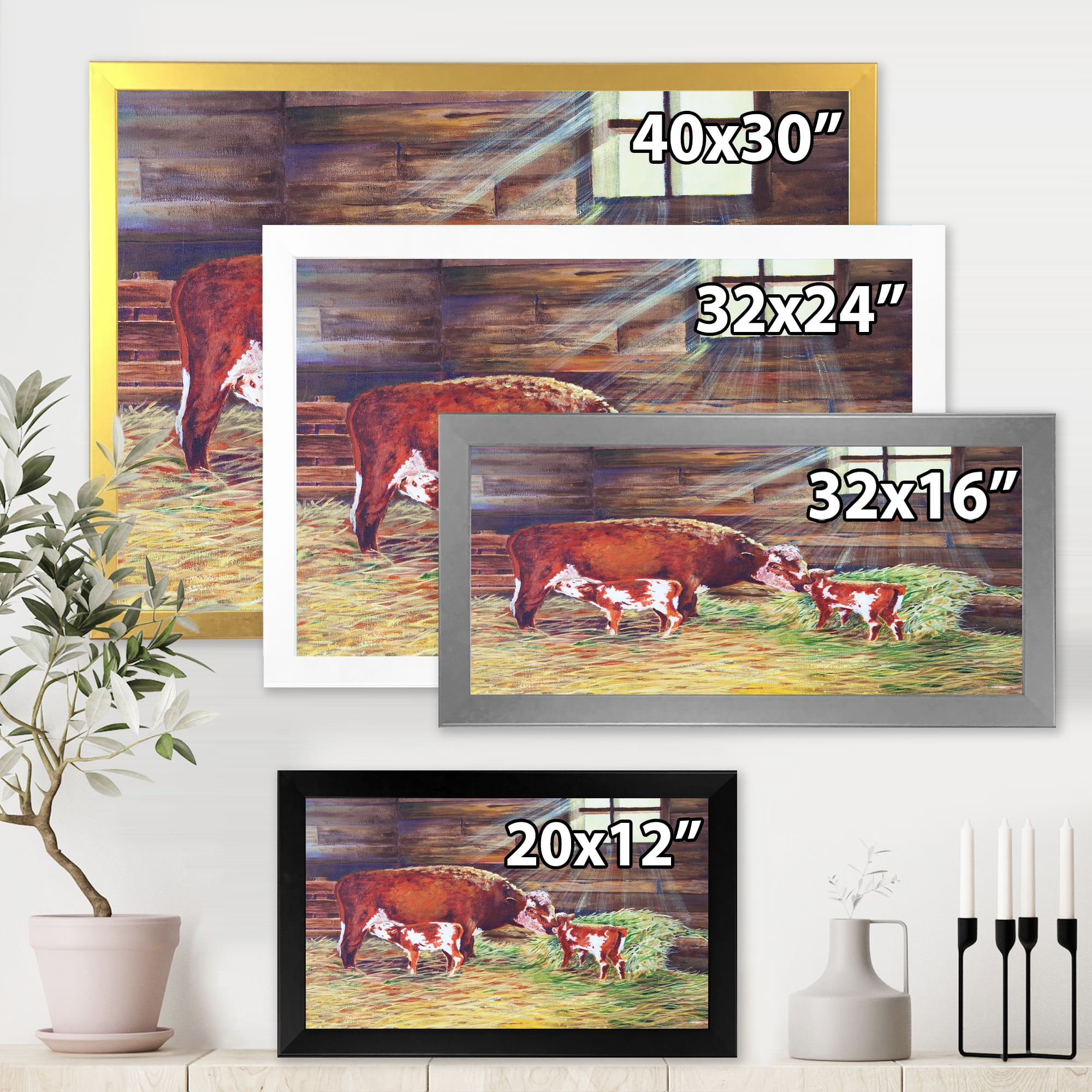Designart 'Newborn Twin Calves With Cow At The Farm' Farmhouse Framed Art Print