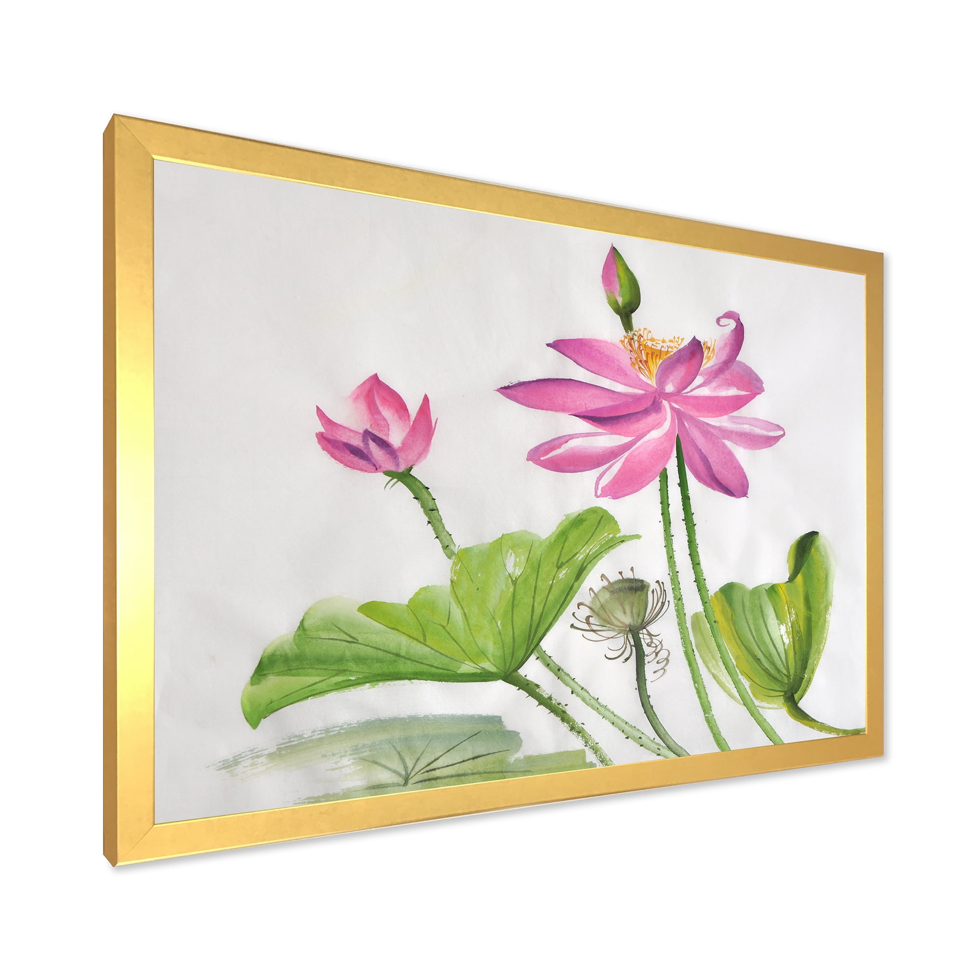 Designart 'Two Pink Lotus Flowers With Green Leaves' Traditional Framed Art Print